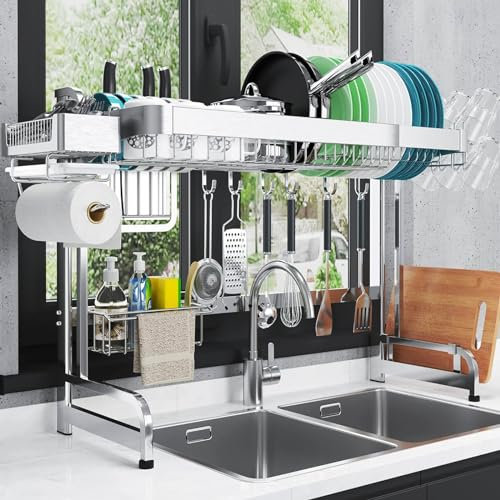 LIVOD Over The Sink Dish Drying Rack, 2 Tier Over Sink Dish Drying Rack Width Adjustable(25.6-37.6in), Durable Stainless Steel Dish Rack Over Sink Organizer, Space Saving Kitchen Sink Drying Rack
