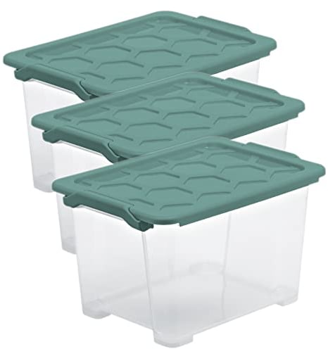 Rotho Evo Safe Keeping 3er-Set Aufbewahrungsbox 15l mit Deckel, Kunststoff, transparent/grün