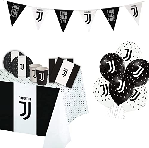 Kit per Festa di Compleanno a tema Juventus Set per Decorazioni Calcio Bianconero da tavola Addobbi per 8 Persone (1 Tovaglia - 12 Palloncini - 8 Piatti - 8 Bicchieri - 20 Tovaglioli - 12 Bandierine)