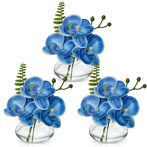 Briful 3er Set Kunstblumen Künstliche Orchideen Kunstblumen Wie Echt Dekoblumen mit Glasvase Bad Deko Kunstpflanze für Wohnzimmer Party Büro Badzimmer