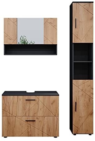 Vicco Badmöbel-Set Irma, Anthrazit/Eiche, 3 Teile, mit Spiegelschrank 80 cm