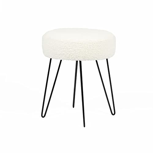 OHS Teddy-Fleece-Hocker, Haarnadel, Bouclé-Bein, Fußhocker, Sitzauflage, Schlafzimmer, gepolstert, Schminktisch, Stuhl, runder Pouf – Weiß