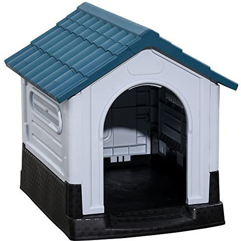 PawHut Dog Kennel for Outside, Plastic Dog House, Water-Resistant Pet Shelter with Windows, for Garden Patio, Miniature Dogs, 64.5 x 57 x 66cm - Blue