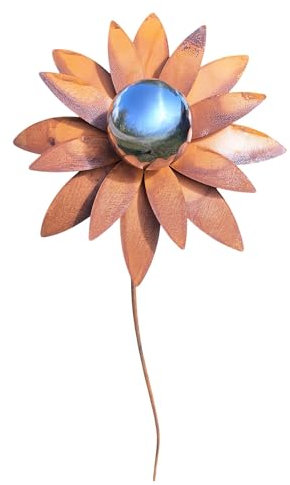 Bornhöft Gartenstecker Blume Metall Gartendeko Rost Edelrost rostiger Beetstecker 110cm Deko Rostfigur für den Garten mit Edelstahl Kugel
