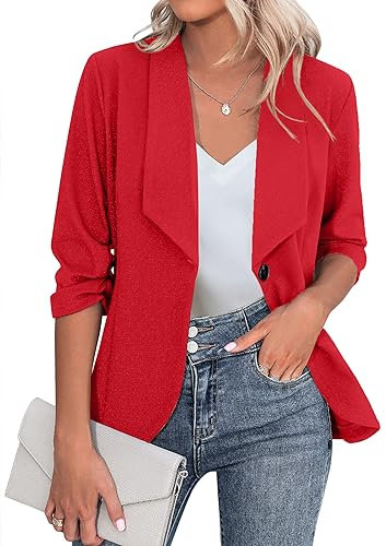 Zeagoo Blazer da Donna, Elegante, a 3/4, a Maniche Lunghe, Slim Fit, con Risvolto, Blazer Casual, da Lavoro, Taglia S-3XL, Colore: Rosso, M