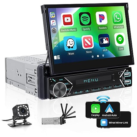 OiLiehu Single Din Touchscreen Car Stereo with Wireless CarPlay Android Auto, 7'' Automatic Flip Out Car Radio with Bluetooth FM Mirror Link AUX SWC EQ USB/Type-C MP5 Player + Backup Camera