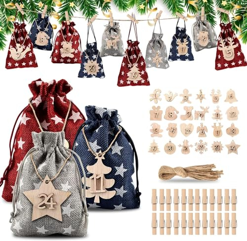 Binggunyo 24 Adventskalender Zum Befüllen, DIY Adventskalender Säckchen, Adventskalender Säckchen Jutesäckchen Weihnachten Geschenksäckchen mit Mini-Holzklammern und 10m Jute Hanfseile (Ckuan)