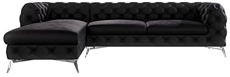 S-Style Möbel Maria Ecksofa 5 Sitzer Chesterfield Eckcouch Sofa Für Wohnzimmer Lounge Couch Mit Verchromten Füßen Möbel Freistehende Polster Sofas Couches Links Schwarz 305 x 200 x 73 cm