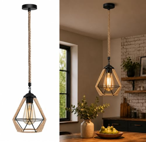 LEDSone Vintage Retro Roségold Decken-Pendelleuchte, Cluster-Licht, Drahtkäfig, Lampenschirme, E27-Sockel, Innen-Pendelleuchte (Hanf, schwarz mit Knolle)