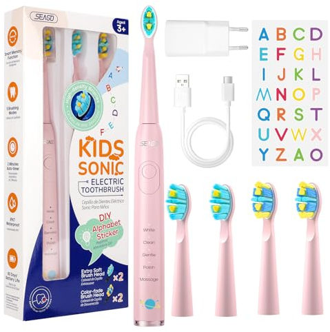 Seago Elektrische Zahnbürste Kinder ab 6, Kinderzahnbürste mit Smart Timer, 4 Weiche Ersatzbürstenköpfe, 5 Putzmodi, IPX7 Wasserdicht, 2 Buchstaben Aufkleber, USB Adapter, SG-2303(Hellrosa)