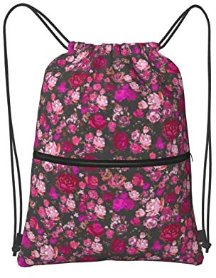 SJOAOAA Kordelzugtasche im Vintage-Stil, Blumenmuster, Hot Pink, Anthrazit, Kordelzug, Reißverschluss, Rucksack, wasserabweisend, Sporttasche, Turnbeutel mit Seitentasche für Damen und Herren, Schwarz
