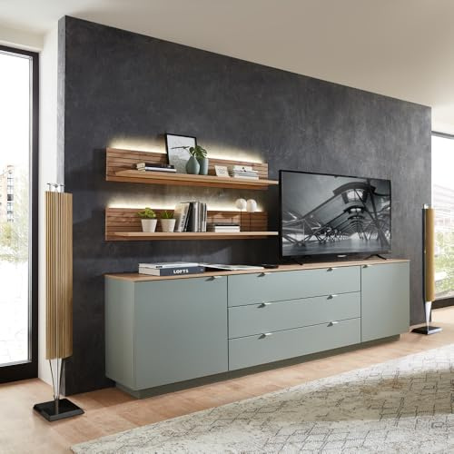 Lomadox TV Sideboard Set mit Wandregalen Fernsehschrank grün mit Eiche, Breite 240 cm inkl. LED Beleuchtung, Wohnwand, Fernsehwand