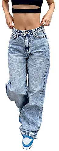 Damen Cargohose Baggy Low Waist Cargo Jeans Gerade Breites Bein Denim Hosen Y2k Aesthetic Vintage Jeanshosen 90er Streetwear Jeanshose Straight Leg Pants Loose Fit Boyfriend Pants Teenager Mädchen