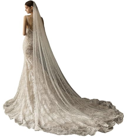JAQVIVI Hochzeit Brautschleier 1 Tier Lange Perle Spitze Stickerei Kirche Hochzeit Schleier mit Metall Kamm Beige 300cm