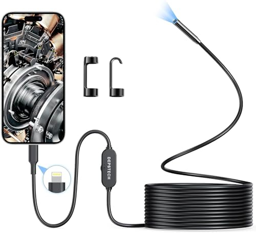 DEPSTECH Inspektionskamera mit Licht, 7 mm dünne Sonde, 5 m halbstarres Kabel, IP67 wasserdichte Schlangenkamera für iOS-Smartphone