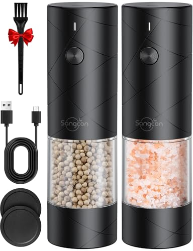 Sangcon Salz und PfeffermüHle 2er Set, üBer USB Wiederaufladbar, Mit Led-Licht, GroßE KapazitäT PfeffermüHle Automatischer Mahlung und Einstellbarer MahlstäRke, Geeignet FüR Eine Vielzahl Auswahl