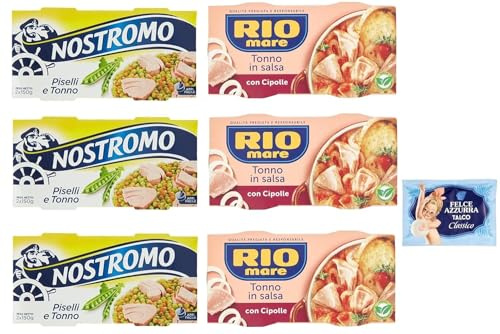 6er-Pack Testpaket Rio Mare Thunfisch und Zwiebeln + Nostromo Thunfisch und Erbsen Fertiggericht, 2x150g + 1er-Pack Kostenlos Felce Azzurra Talkumpuder, 100g-Beutel