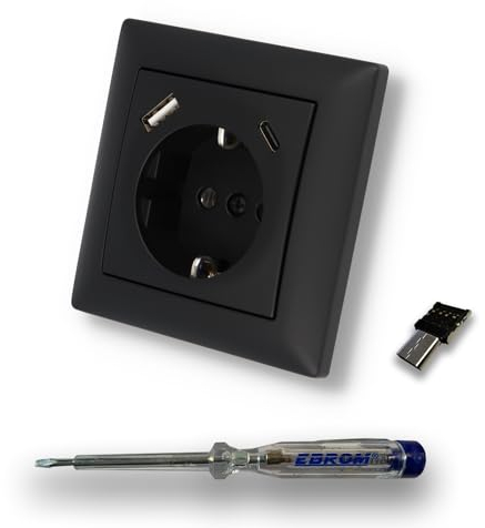 BBblack SCHUKO Steckdose mit USB A + USB C + Adapter USBC auf USBA, Schwarz MATT, PD Standard A&C: 5V-3,0A / 9V-2A / 12V-1,5A / 18V-1A, max. 18 W / 16A + EBROM Phasenprüfer zur Montage
