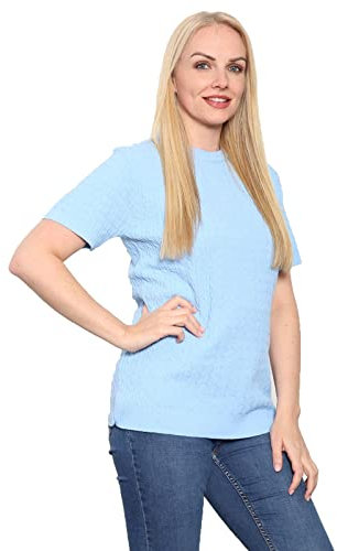 Women's Short Sleeve Chunky Cable Knitted Jumper - Ladies Oversized Crew Neck Loose Sweater Top Sky Plus Size 12-14