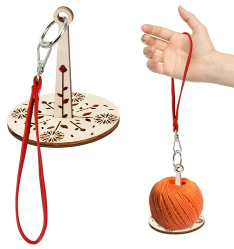 Rundago Handgelenk Garnhalter aus Holz Ø 10cm, 360° Drehung, Tragbarer Garnhalter mit Handschlaufe, Garnaufbewahrung zur Verhinderung von Garnverheddern - Geschenk für Bastelliebhaber