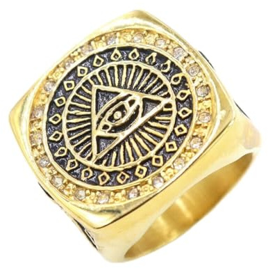 Hokech Vergoldeter Herren Freimaurer Illuminati All Seeing Eye quadratischer Ring Größe 7-15