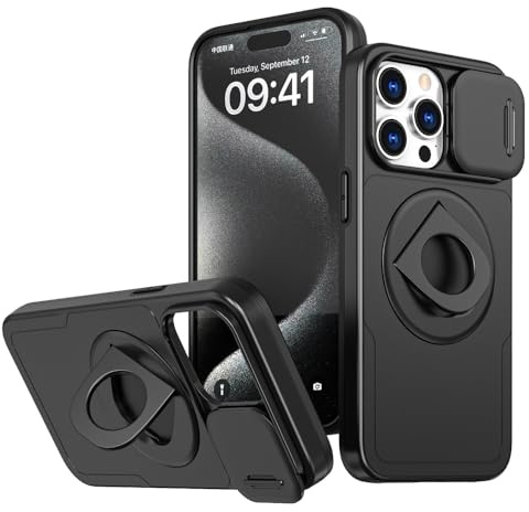 Rdyi6ba8 Coque Compatible avec iPhone 15 Pro, Cache-Objectif Coulissant, Protection Caméra Étui, avec Anneau Rotatif à 360° comme Support Housse pour iPhone 15 Pro-Noir