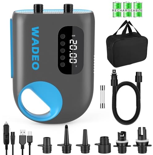 WADEO Sup Bomba de Aire Recargable 18000mAh, 20 PSI Bomba Eléctrica con Luz LED, 110 V AC/12 V DC Carga Rápida, Auto-Off para Stand Up Paddle Boards, Barcos, Kayaks, Tienda, Colchón
