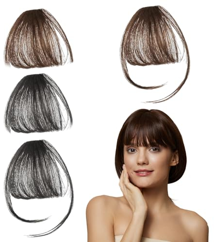 VIDSTW 4 Stück Clip in Pony 100% Remy Echthaar Fringe Bangs Haarverlängerungen, One Piece Human Hair Pony Haarteil, Clip in Bangs mit Schläfen, Tägliche Tragen für Mädchen Frauen, Schwarz, Hellbraun