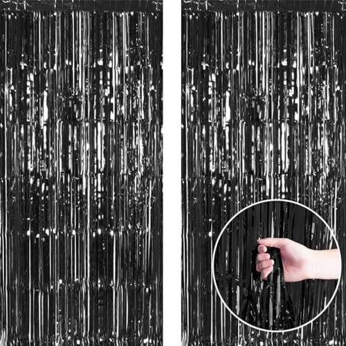 Yowlens Tinsel Curtain - 2pcs 3.2ft x 6.5ft Tinsel Curtains Pastel Foils Fringe Party Decoration Background Door Curtains Hanging Streamers for Birthday Child School Party (Black)