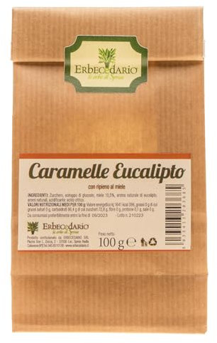 Caramelle dure all'Eucalipto ripiene al miele, Caramelle Balsamiche Artigianali e Naturali, Caramelle miele Senza Glutine e Lattosio - 1 Confezione da 100g