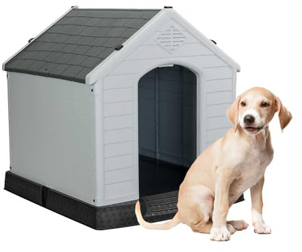 Aqpet Caseta para Perros de plástico para Exterior Interior casa jardín Impermeable con Suelo Elevado, para Perros Talla Mediana 87 x 78 x 81 (al.) cm, Gris