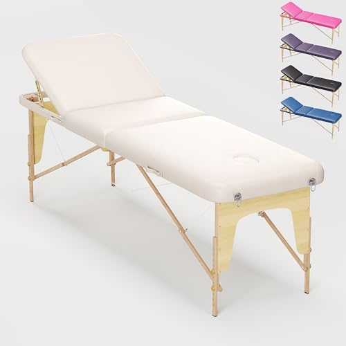 Beltom® Lettino Da Massaggio Basic 3 Zone In Legno Portatile Pesa Solo 12,8 Kg Richiudibile + Pannello Reiki + Angoli Arrotondati E Rinforzati - Fisioterapia Estetista Tattoo Tatuaggi - Panna