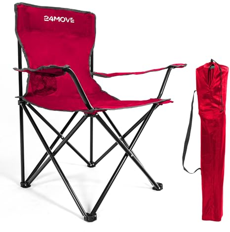24MOVE® Faltstuhl rot Campingstuhl Anglerstuhl mit Getränkehalter - Anglersessel klappbar - Klappstuhl Gartenstuhl Faltstuhl Relaxsessel Campingsessel faltbar, Polyester, für draußen oder drinnen