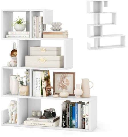 HOMASIS Libreria a Forma di S con 5 Livelli, Scaffale Aperto in Legno, Divisoria con Protezione Anti-Ribaltamento per Soggiorno, Studio, 80 x 22 x 100 cm (Bianco)
