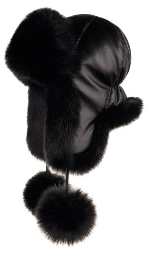 Futrzane Fliegermütze - Schapka Uschanka Damen - Fell Trapper Mütze aus Leder (S, Schwarz - Schwarz Siberian)