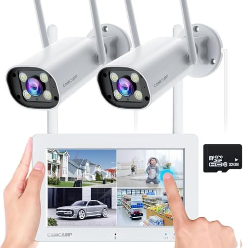 Camcamp CCTV Camera Wireless System with 7 Touchscreen Monitor - 2K Home Outdoor Security Surveillance with 32GB SD Card, No WiFi Need, Color Night Vision, 2 Way Audio, Motion Detection