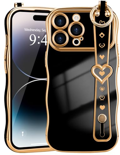 LLZ.COQUE for iPhone 14 Pro Max Case Love-Heart Wrist Strap Wave Frame | Hand Strap Stand, Plating Heart for Women Cover, Raised Camera Protection, Anti-fall Shockproof TPU Phone Case, Black