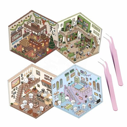 ZEID 4 Sets DIY 3D House Stickers + 2Pcs Tweezers, DIY Scene Stickers Your Own Supermarket|Coffee Shop|Restaurant|Bookstore, Fun DIY Stickers Scene, Fun DIY Stacking Scene Stickers, Style B