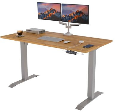 POKAR Höhenverstellbarer Schreibtisch Höhenverstellbar Elektrisch Bürotisch mit Tischplatte (Silber + Golden Craft Eichen, 160 x 80)