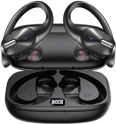 POMOQADK Wireless Earbuds, Wireless Headphones,Bluetooth 5.4 Over Ear Buds Wireless Earbuds with Earhooks, Touch Control Noise Reduction Headphones, Mini Ear Buds Headset IPX7 Waterproof LED Display