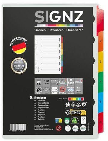 SIGNZ Register DIN A4, 6 - teilig, 5 Stück, extra starke Trennblätter, CO2-neutral hergestellt, made in Germany