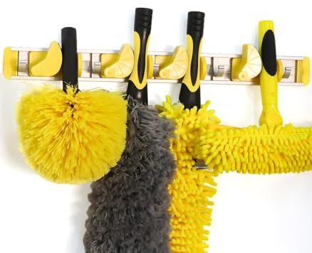 Opow Good Grip Wall-Mounted Mop and Broom Holder Storage Organizer Cleaning Tools Hanger for Kitchen Garden Laundry Room and Garage (4 slots, 5 hooks)