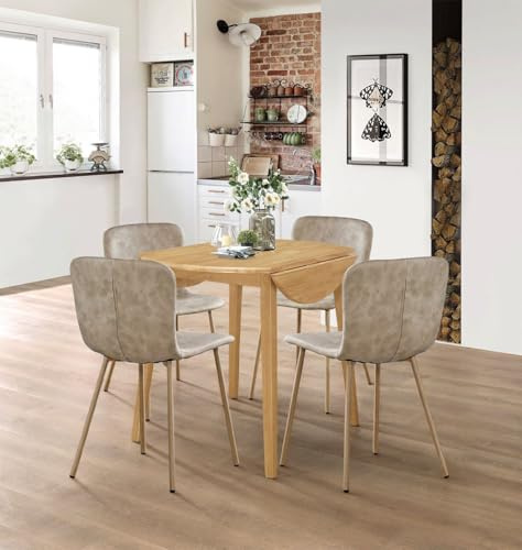 Hallowood Furniture Ledbury Extendable Oak Dining Table and Chairs Set 4 | Light Oak Wooden Round Drop Leaf Table and Chairs Set 4 in Taupe Leather Effect Upholstery, Dining Room Sets for Home or Cafe