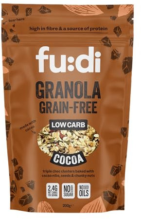 fu:di - Grain-Free Granola with Cocoa & Dark Choc Chips (200g) Low Carb, No Added Sugar, High Protein & Fibre - Nuts, Seeds & Cacao, Vegan