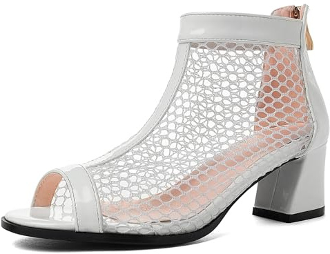 Gicoiz Damen Peep Toe Lack Blockabsatz Stiefel Hollow Out Stiefeletten Zip Chelsea Sommer Hochzeit Party Stylish Sandalen Bride Schuhe Weiß Gr 45 EU-47Cn
