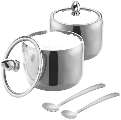 IBWell Zuccheriera con coperchio trasparente e cucchiaio, confezione da 2 contenitori argentati per bar da cucina in acciaio inox per condimenti