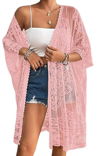 Qianderer Women's Lace Kimonos Bikini Cover-Up Summer Beach Coverup Swimsuit 3/4 Sleeves Open Front Sheer Mesh Crochet Kimono Cardigan