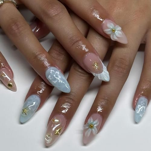 Auiremrti Ongles press-on artisanaux bleu été avec étoiles et fleurs 3D, amande, taille moyenne, 24 pièces, ongles design français avec coquillage océan
