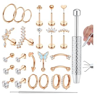 Adramata 27Pcs Tragus Helix Piercings Chirurgenstahl Nasenpiercing Labret 16G Lippenpiercing Hypoallergen Knorpel Conch Ohrringe Piercing Ohr Silber/Gold/Rosegold