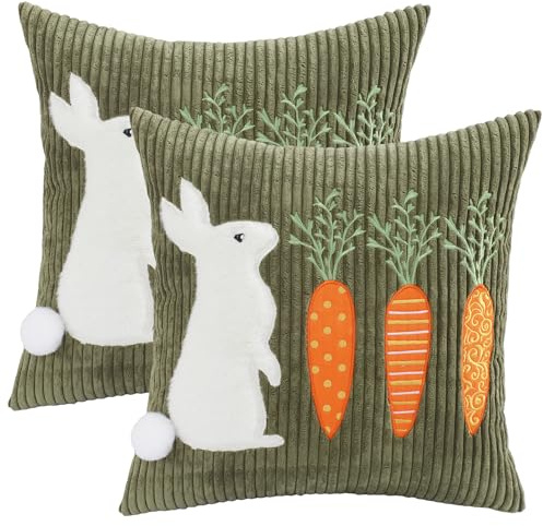 2 Stück Ostern Kissenbezug 45x45 cm Grün Kordsamt Kissenbezüge Bunny Geschenke Hasenkissen Osterdeko Sofakissen Dekokissen Kissenhülle für Sofa Schlafzimmer Wohnzimmer Garten Zuhause Dekoration
